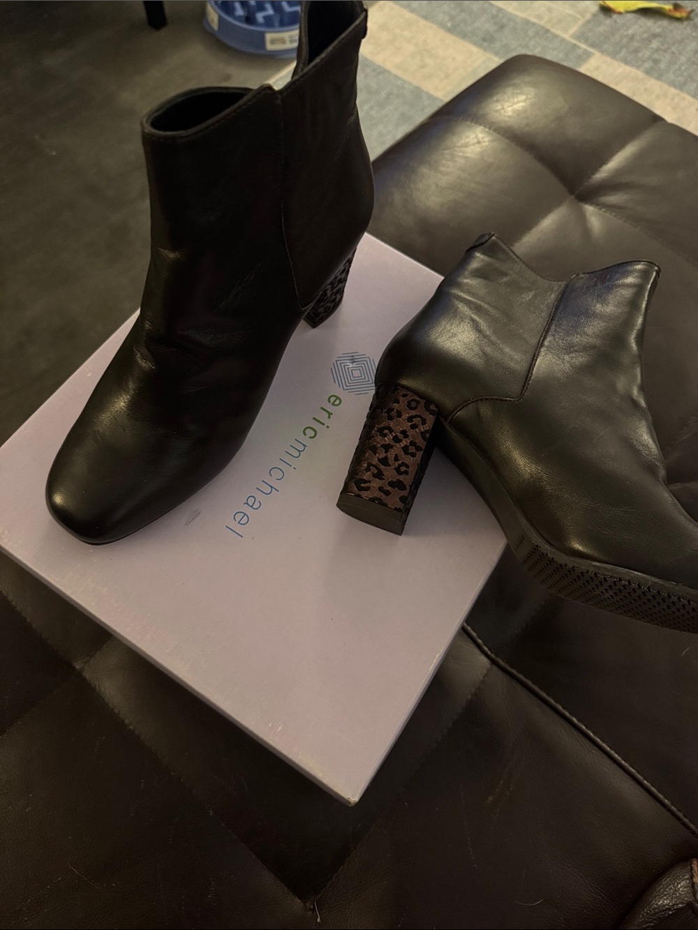 Eric Michael Black Leather Ankle Boots with Leopard-Print Block Heel